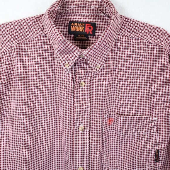 Ariat Flame Resistant Work Shirt Mens XL Red White Plaid Button Down CAT 2 - Picture 1 of 12